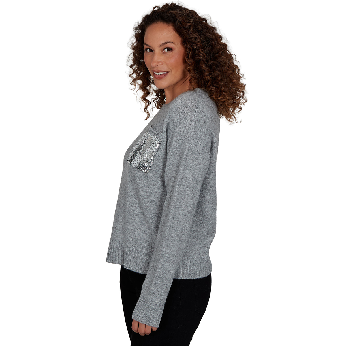 Womens Skye’s the Limit Fashion Essentials Sequin Pocket Sweater