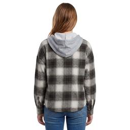 Juniors No Comment Hooded Oversized Plaid Flannel Shirt- Black