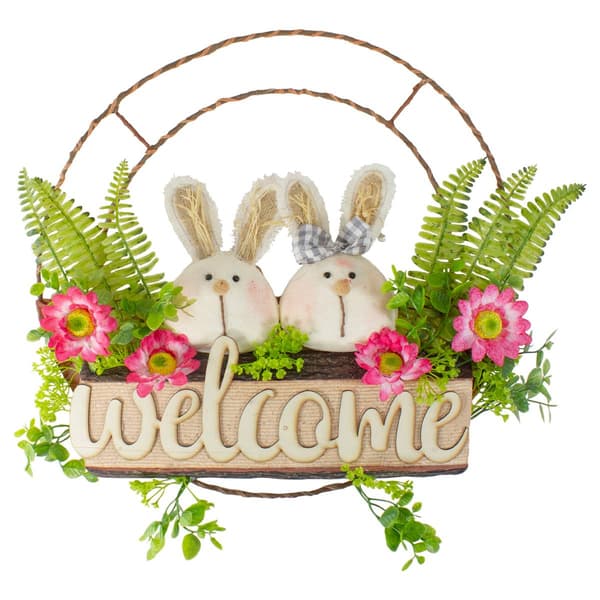 Northlight Seasonal Rabbit Couple Welcome Floral Spring Wreath - image 