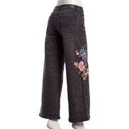 Juniors No Comment Mid Rise Wide Leg Floral Embroidered Jeans