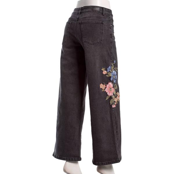 Juniors No Comment Mid Rise Wide Leg Floral Embroidered Jeans