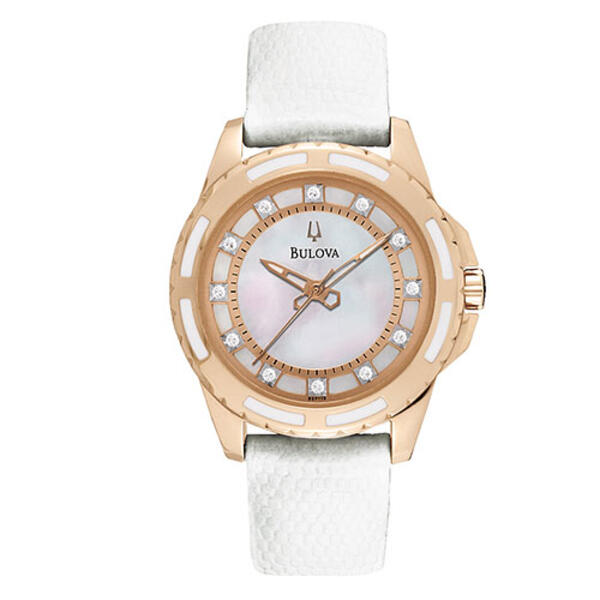 Womens Bulova Rose Gold & White Leather Strap Watch - 98P119 - image 