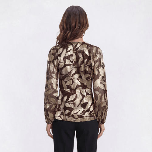 Womens MSK Long Sleeve V-Neck Gold Foil Leaf Blouse