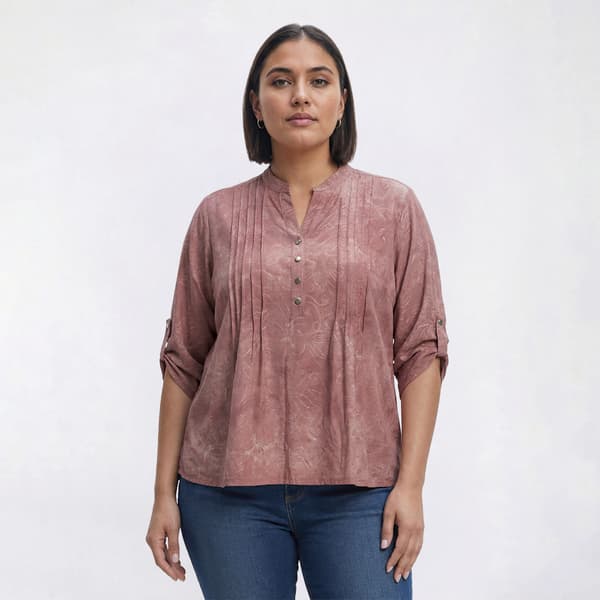 Plus Size Notations 3/4 Tab Sleeve Jacquard Pleat Henley Blouse - image 