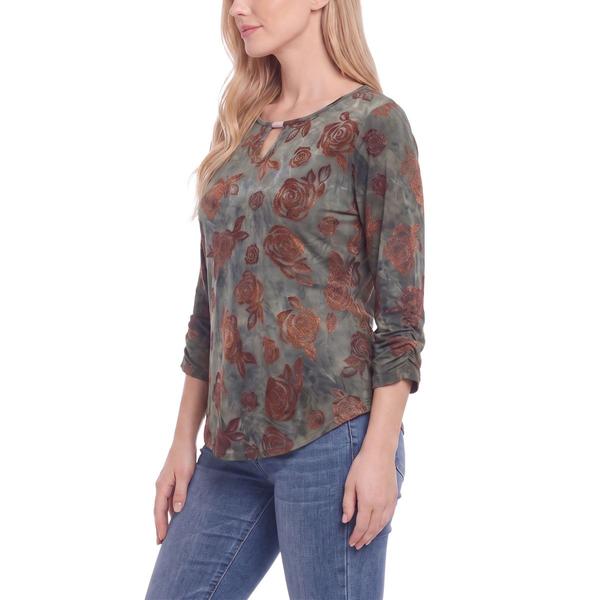 Petite NY Collection 3/4 Ruch Sleeve Brown Floral Blouse