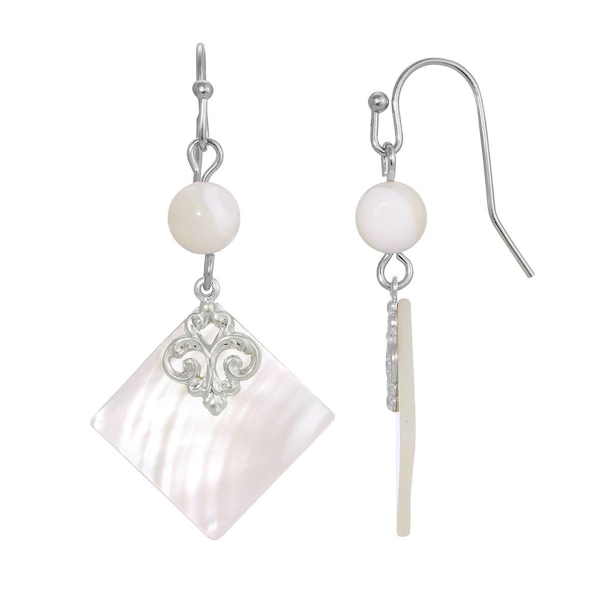1928 Silver Tone Mother of Pearl Shell Stone Drop Earrings