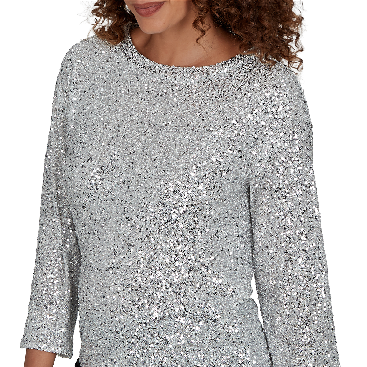 Womens Skye’s the Limit Icy Blue Sparkle Allover Sequin Blouse