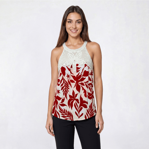 Womens Como Black High Neck Crochet Trim Tropical Leaf Tank Top - image 