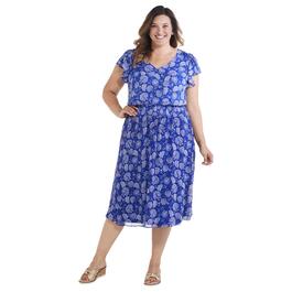 Plus Size MSK Short Sleeve V-Neck Smock Waist Floral Dress - Blue