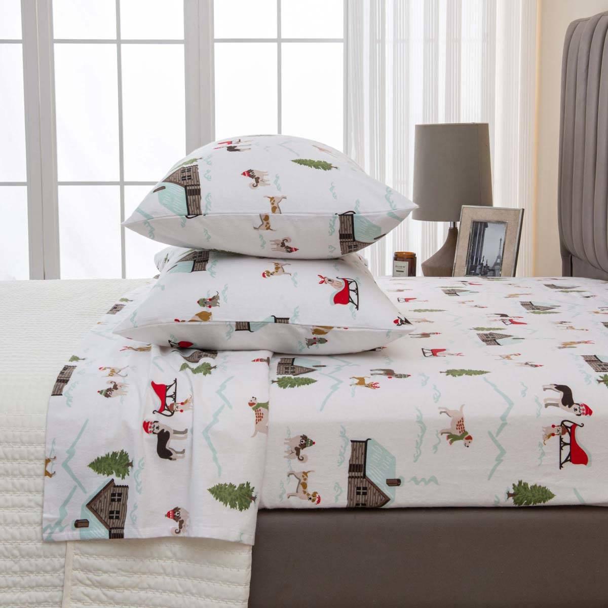 Freshfolds Cotton Pups With Hats Holiday 4pc. Flannel Sheet Set