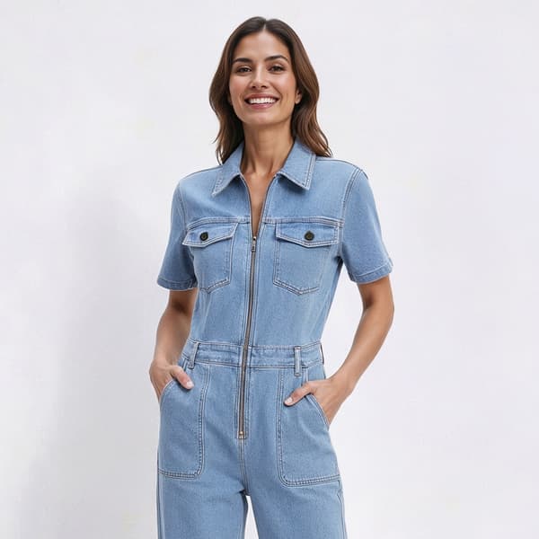Womens Bebe Short Sleeve Zip Denim Jumpsuit