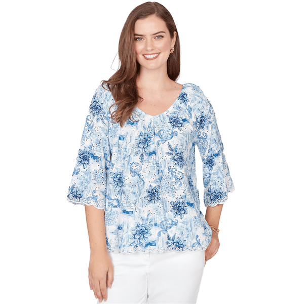 Petite Ruby Rd. French Riviera Scalloped Hem Toile Eyelet Top
