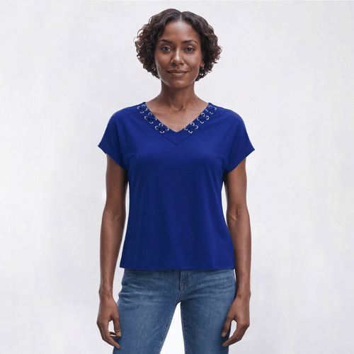 Womens 89th & Madison Short Sleeve Faux Lace Neck Blouse