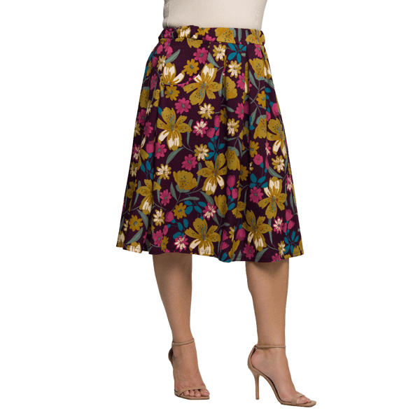 Plus Size 24/7 Comfort Apparel Purple Floral Pocket Midi Skirt