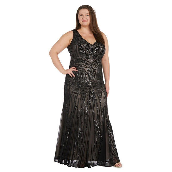 Plus Size R&M Richards Sleeveless Bead Trim Godet Hem Gown - image 
