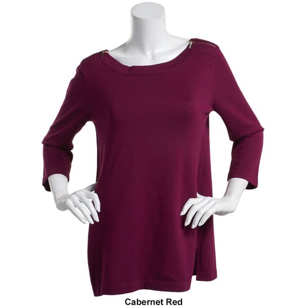 Womens Cable & Gauge 3/4 Sleeve Zip Shoulder Pullover Sweater
