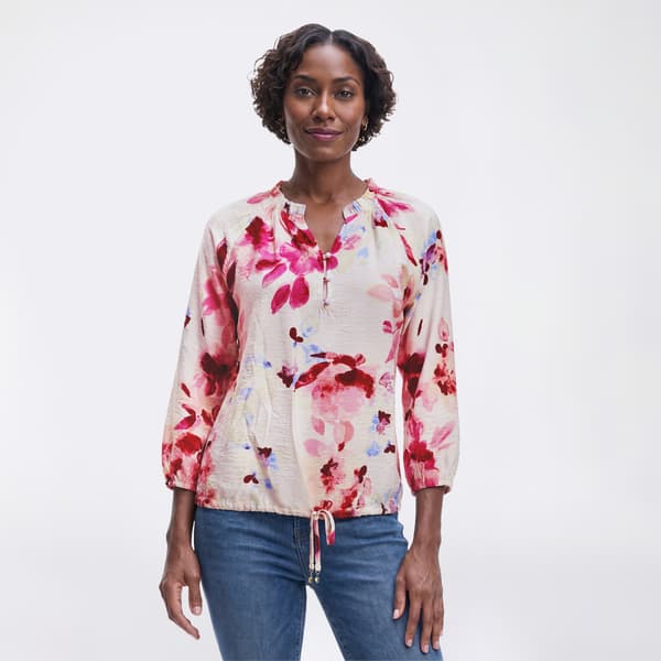 Womens Como Black Long Sleeve Tie Hem Split Neck Floral Blouse