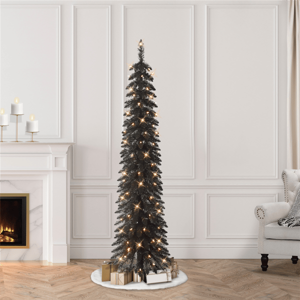 Puleo International Pre-Lit Black Alpine Pencil Christmas Tree