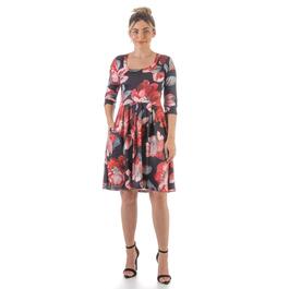 Womens 24/7 Comfort Apparel Floral 3/4 Sleeve Fit & Flare Dress
