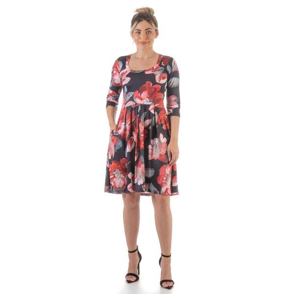 Womens 24/7 Comfort Apparel Floral 3/4 Sleeve Fit & Flare Dress - image 