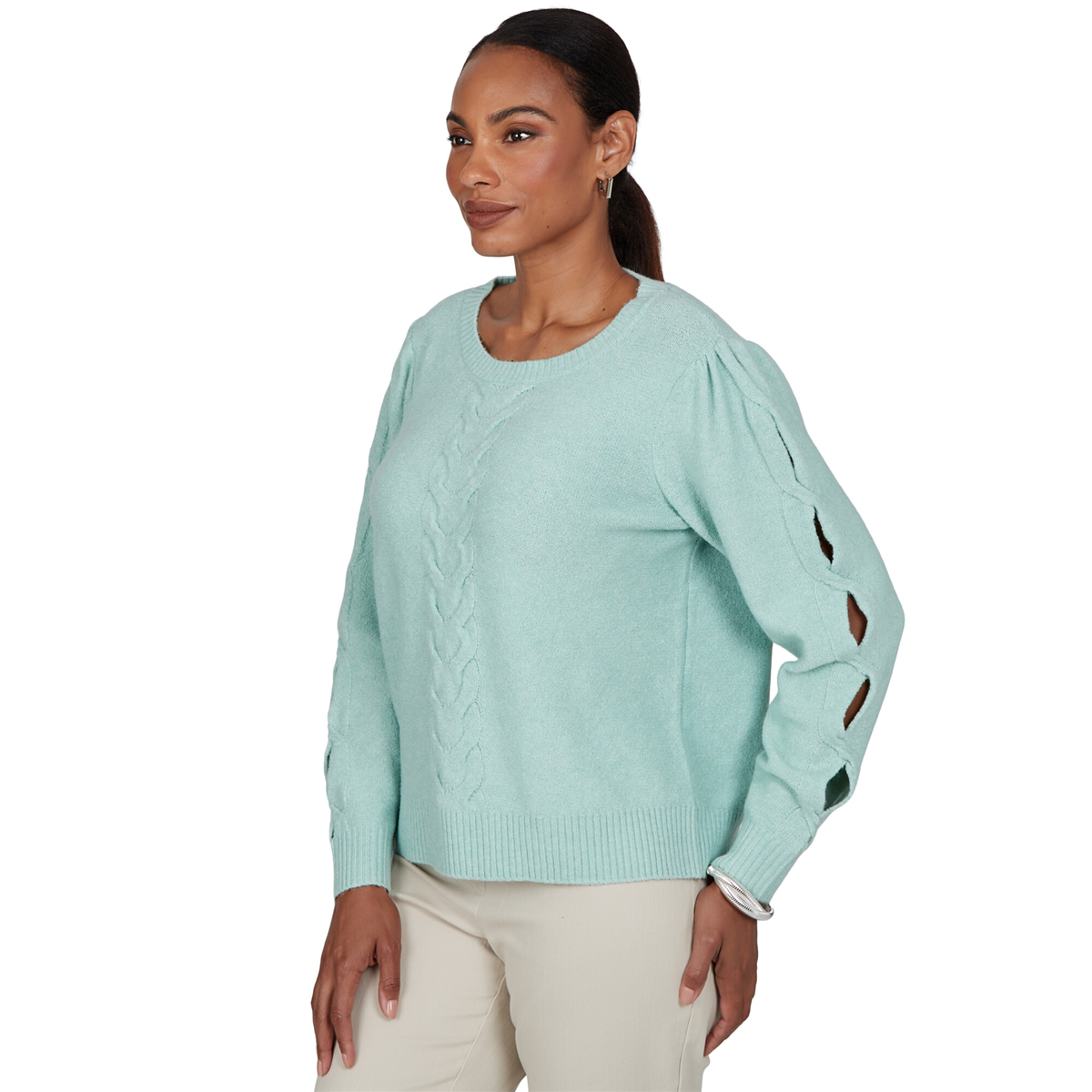 Womens Ruby Rd. Mythical Long Open Sleeve Cable Knit Sweater