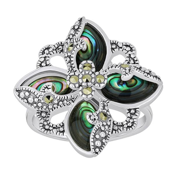 Marsala Silver Plated Marcasite & Abalone Shell Flower Ring - image 