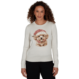 Womens Emaline Holiday Festivities Dog with Santa Hat Sweater