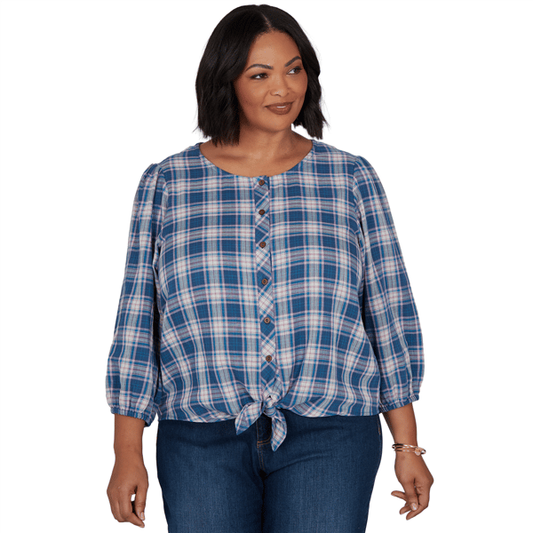 Women''s Ruby Rd. Romance On The Ranch Plaid Tied Button Front Top - image 