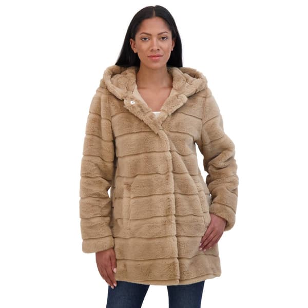 Plus Size Sebby Grooved Faux Fur Coat With Hood