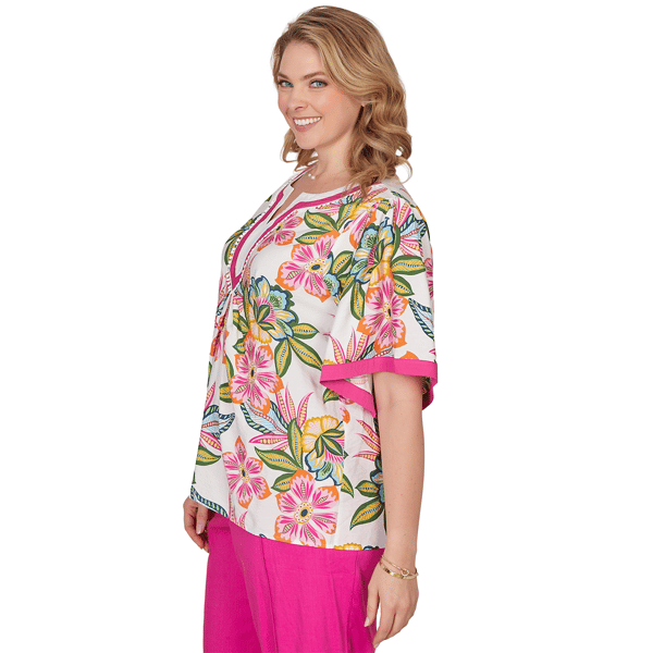Plus Size Ruby Rd. Hothouse Florals Short Sleeve Tropical Blouse