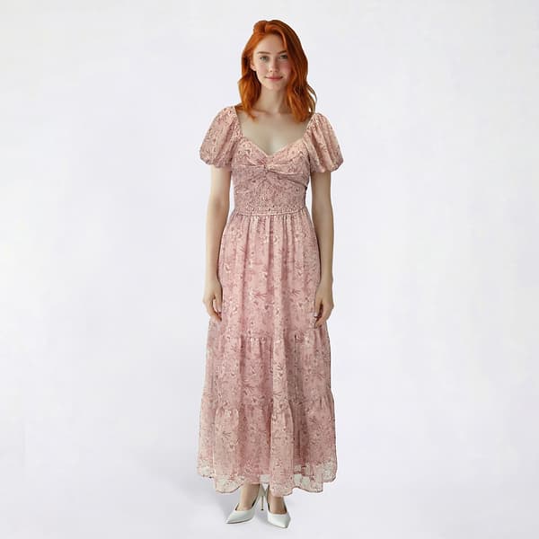 Juniors Trixxi Floral Puff Sleeve Twist Front Tier Midi Dress