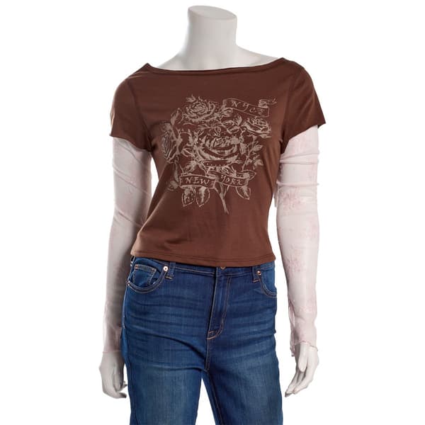 Juniors No Comment Boat Neck Screen Top w/ Lace Sleeves- Brown - image 