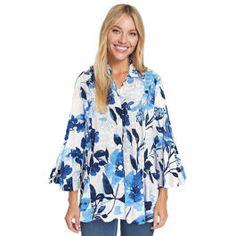 Womens Ali Miles 3/4 Sleeve Print Button Front Blouse-Blue/Multi