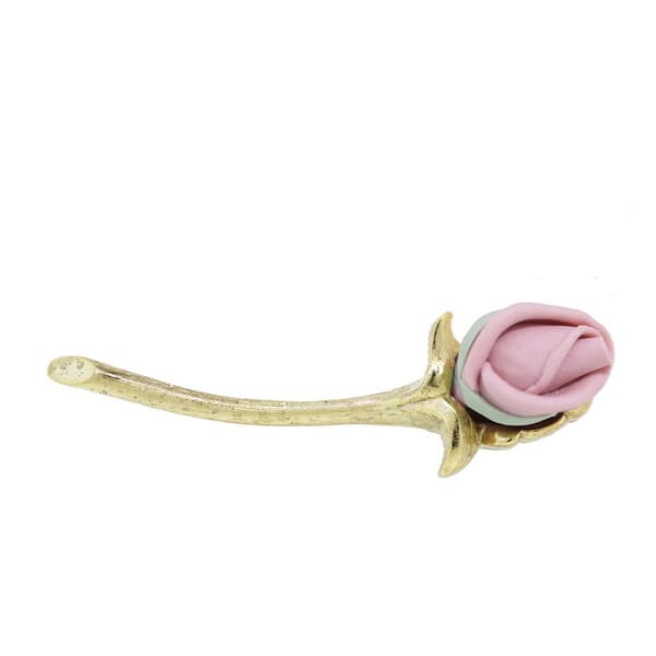 1928 Gold-tone Pink Long Stem Genuine Porcelain Rose Pin - image 