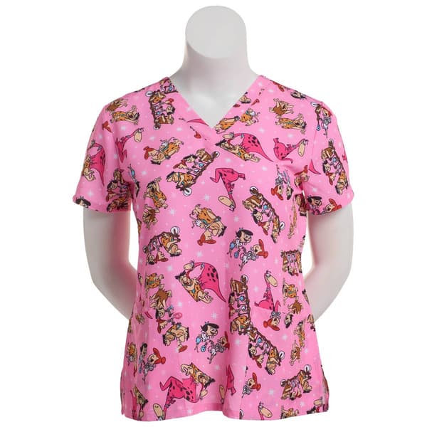 Womens Short Sleeve Flintstones Stars Retro Pajama Scrub Top