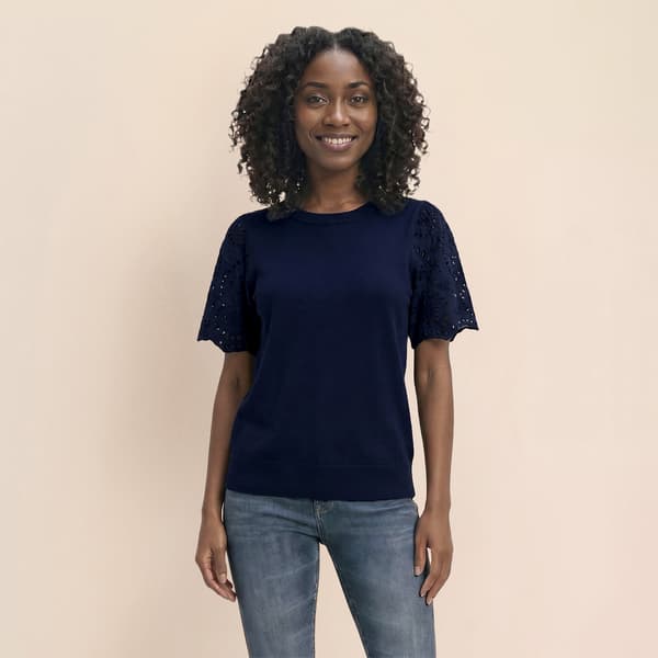 Womens Nanette Lepore Short Eyelet Sleeve Ribbed Hem Sweater