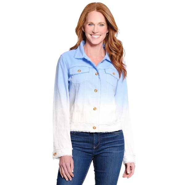 Womens Ali Miles Long Sleeve Button Front Ombre Frey Trim Jacket