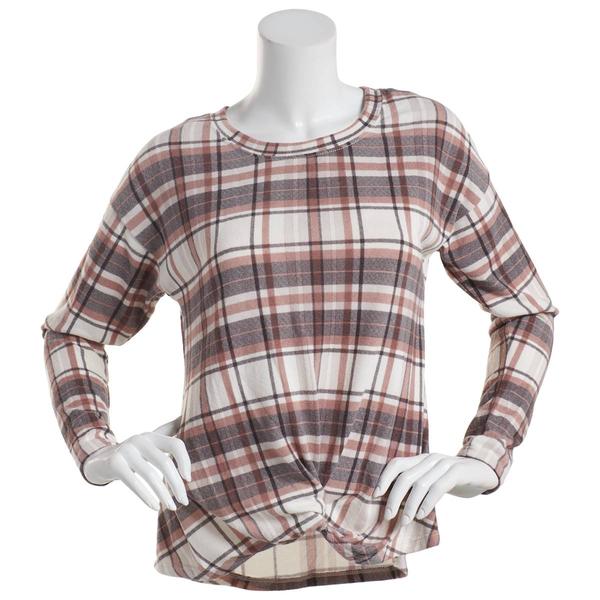 Womens Tru Self Long Sleeve Twist Front Plaid Blouse - White Cafe - image 