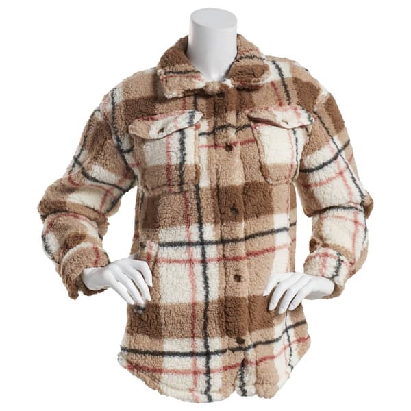 Juniors Almost Famous Sherpa Plaid with Welt Pocket Shacket-Taupe - image 