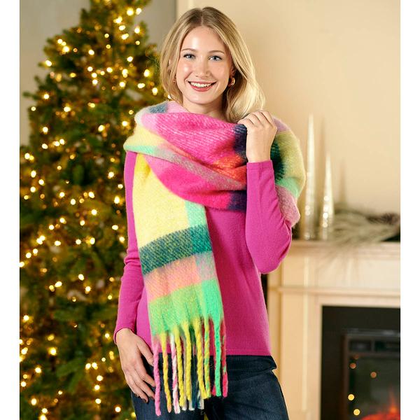 Womens Renshun Striped Plaid Scarf with Noodle Fringes - image 