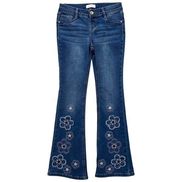 Girls (7-12) Squeeze Flare Jeans w/ Floral Patches - image 
