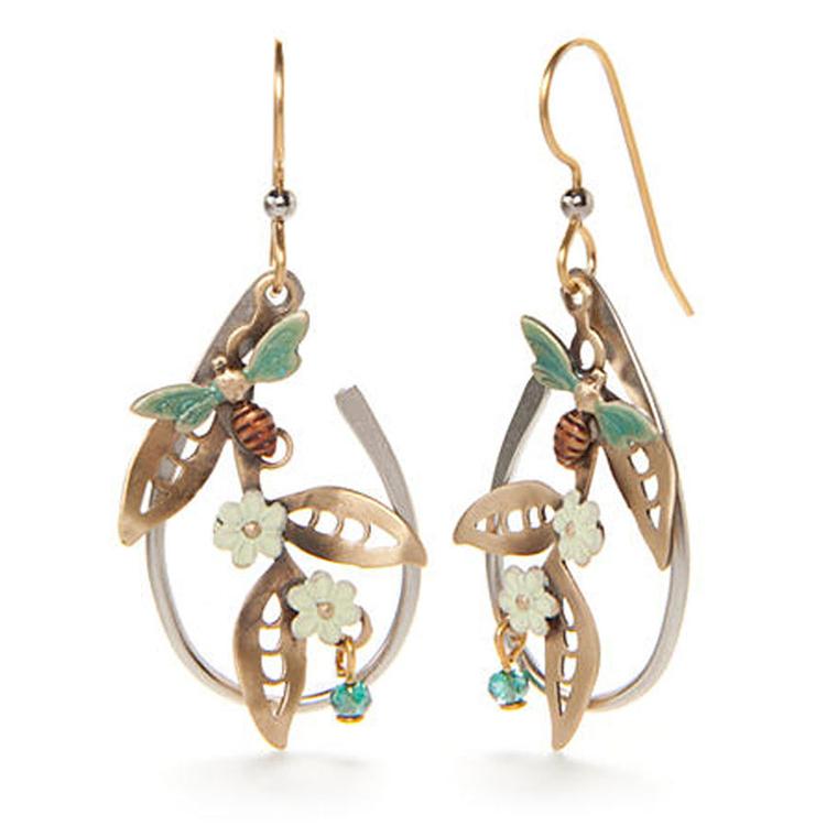 Silver Forest Two-Tone Bees & Flowers Drop Earrings