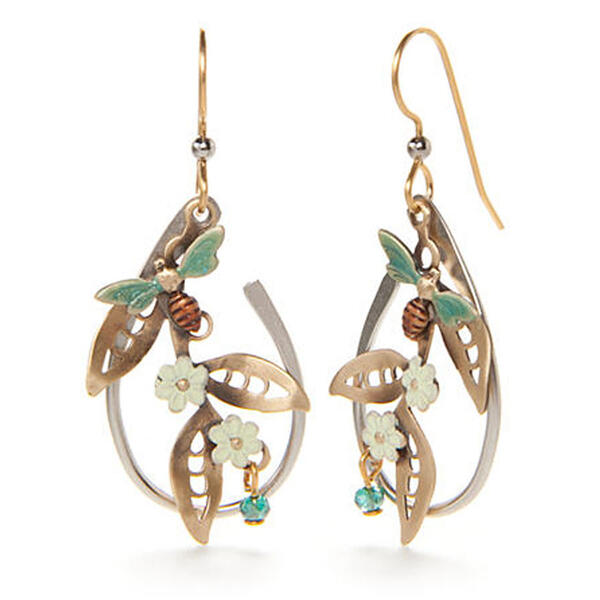 Silver Forest Two-Tone Bees & Flowers Drop Earrings - image 