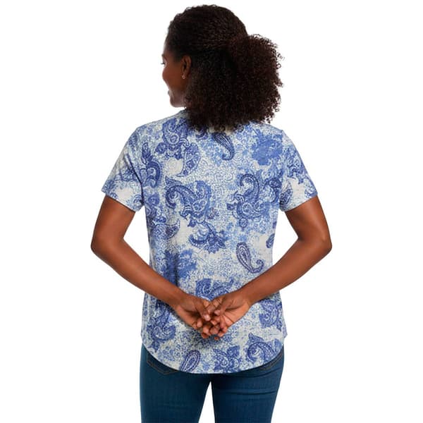 Womens Notations Short Sleeve Paisley Keyhole Neck Blouse
