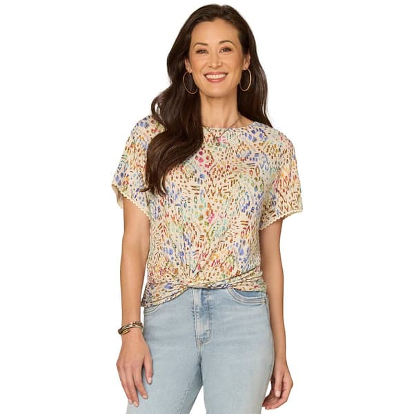Womens Democracy Short Sleeve Front Twist Hem Abstract Blouse - image 