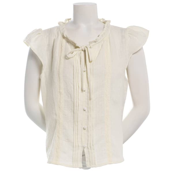 Juniors A. Byer Flutter Sleeve Babydoll Tie Neck Blouse - image 