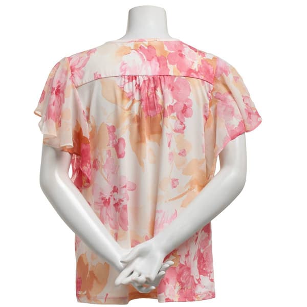 Womens Sara Michelle Flutter Sleeve Floral Keyhole Neck Blouse