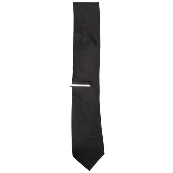 Mens Bill Blass Solid Paisley Tie & Tie Bar - Black - image 