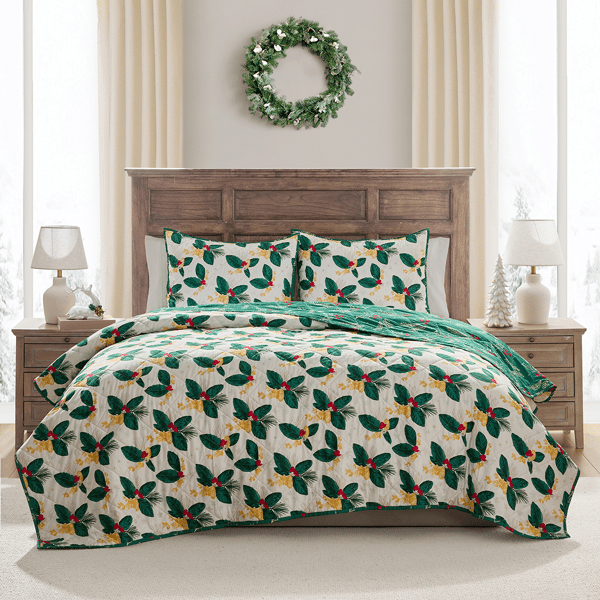 Hallmark Green Poinsettia 3pc. Holiday Quilt Set