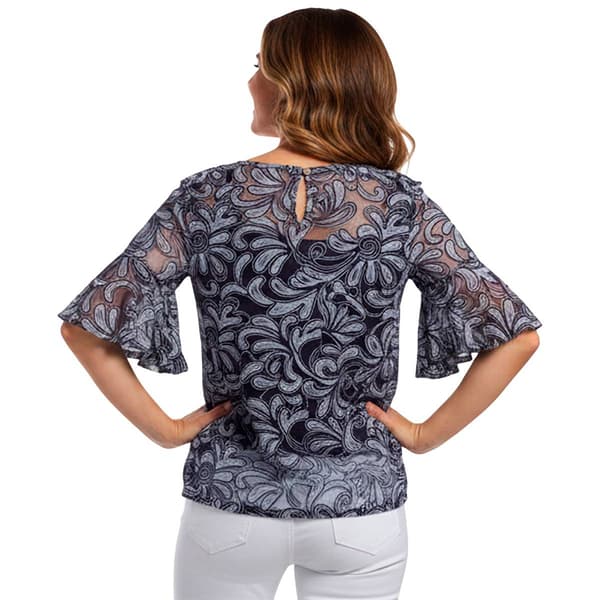 Petite NY Collection 3/4 Bell Sleeve Leaf Scroll Lace Blouse